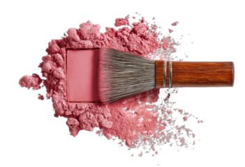 A makeup brush lies on a rectangle of blush surrounded by scattered pink cosmetic powder