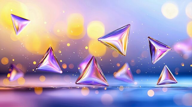 Abstract composition featuring multiple iridescent triangular prisms suspended in a soft-focus environment with glowing bokeh lights.