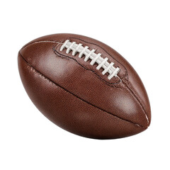 Classic brown oval sports ball with white laces against a black background