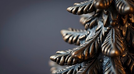 Extreme Macro Close-Up of Cast Bronze Christmas Tree with Antique Patina Finish and Fine Detail