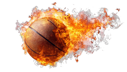 A basketball engulfed in vibrant orange and yellow flames against a dark background