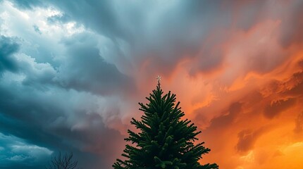 High-Resolution Dramatic Christmas Tree in Stormy Weather With Intense Atmospheric Skies