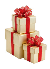 Stacked golden boxes adorned with red ribbons and bows