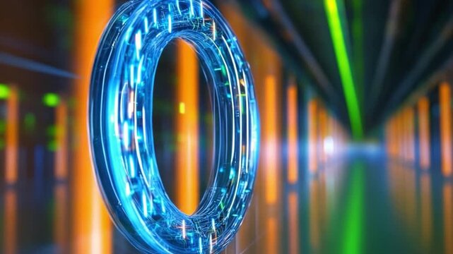 Tech's Gateway: A close-up shot of a glowing blue data ring, symbolizes the core of technological advancement, set against a futuristic digital corridor, embodying the flow of data.