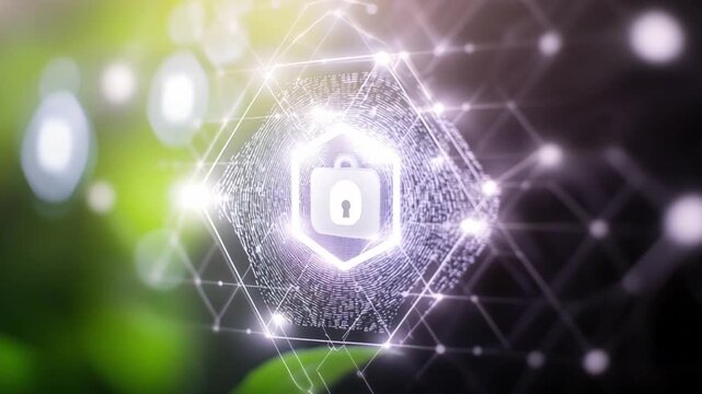 Digital Shield: An abstract depiction of data security, featuring a glowing padlock symbol encased within a network of interconnected digital lines, representing a fortress of protection.