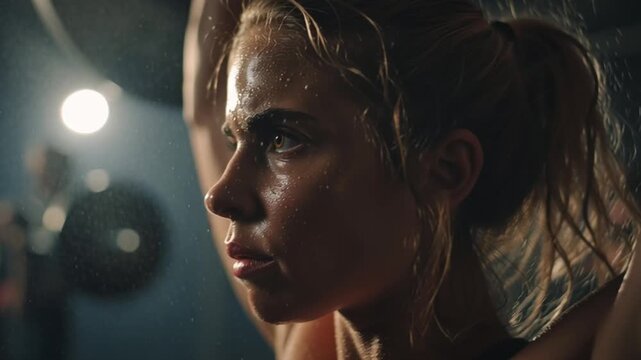 CrossFit athletes lifting heavy barbells in an industrial-style gym, chalk dust in the air, sweat glistening under harsh lights, intensity and strength captured.