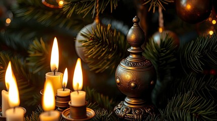 Warm Candlelit Christmas Tree with Antique Bronze Patina and Flickering Glow