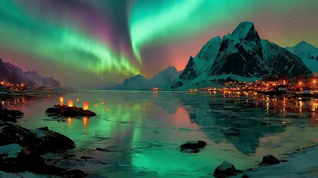 Green and red aurora borealis over a tranquil arctic fjord and snow-covered mountains.