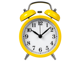 Yellow alarm clock isolated on white transparent background, png element clipart