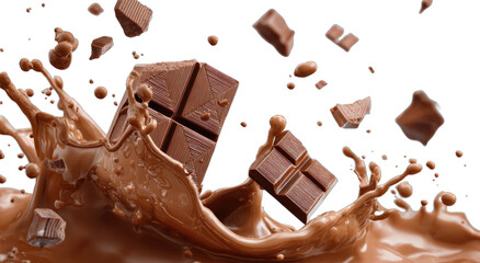 Chunks of chocolate erupting in a liquid chocolate splash