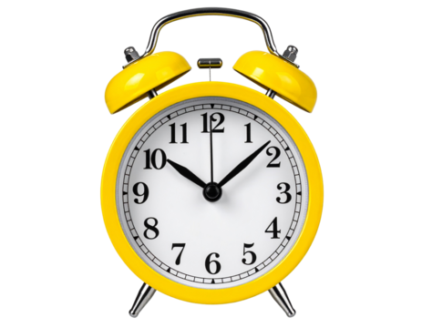 Yellow alarm clock isolated on white transparent background, png element clipart