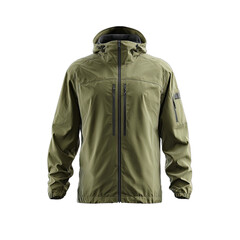 A green tactical hooded jacket with zippered pockets and adjustable hood