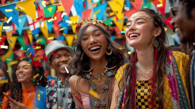Diversity Spirit of friends from different cultures celebrating New Year together, flags and colorful outfits around, laughter symbolizing unity and peace.