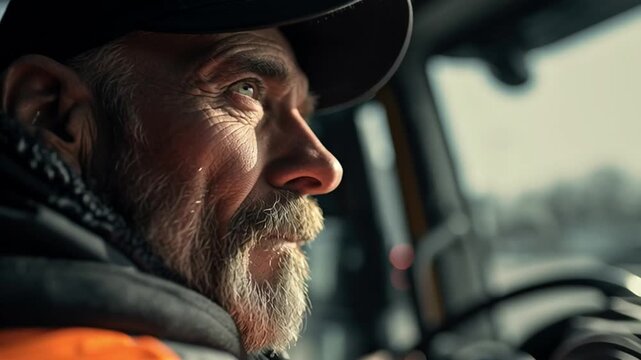 Driver focused on the road during a long journey, operating a heavy commercial vehicle for moving freight, a portrait of dedication in the logistics sector.