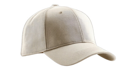 Plain, light-colored, baseball-style cap, isolated on a dark background