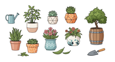 A doodle-style set of various indoor plants in decorative pots with a watering can and a garden trowel for home gardening