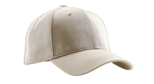 Plain, light-colored, baseball-style cap, isolated on a dark background
