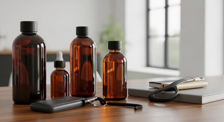 A modern and minimalist collection of natural grooming products in amber glass bottles for a daily self-care and wellness routine