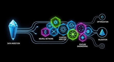 Elegant data pipeline visualization for modern business insights, showcasing data ingestion, neural networks, cluster analysis, optimization, and feature engineering for success