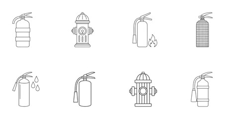 Set of fire safety equipment line icons featuring fire extinguishers and hydrants with various geometric textures and designs.