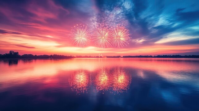 Colorful fireworks reflecting on water at sunset