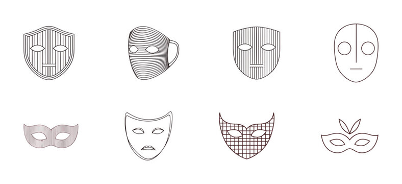 Assortment of cultural and carnival mask line icons with various geometric patterns for theater, mystery, and celebration themes.