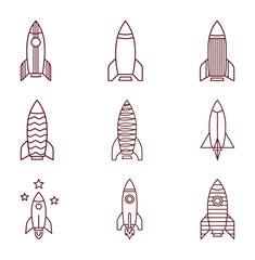 Set of linear rocket ship icons, various spacecraft designs with boosters and flames, space travel and exploration line art collection.