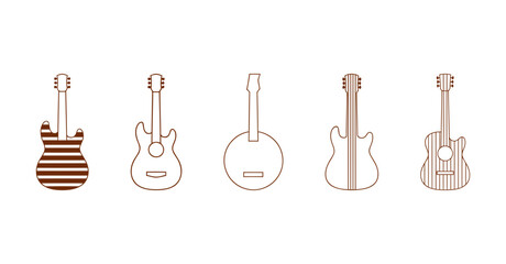 Set of linear guitar icons, various musical instruments including electric, acoustic, and banjo line art collection, music and hobby concept.