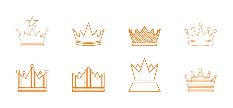 Collection of outline crown icons, set of royal headdresses with stars and jewels, king and queen authority and monarchy symbols.