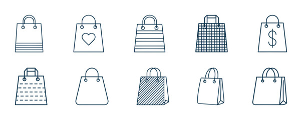 Collection of linear shopping bag icons, various retail and commerce symbols with heart, money, and pattern designs, purchase and sale concept.