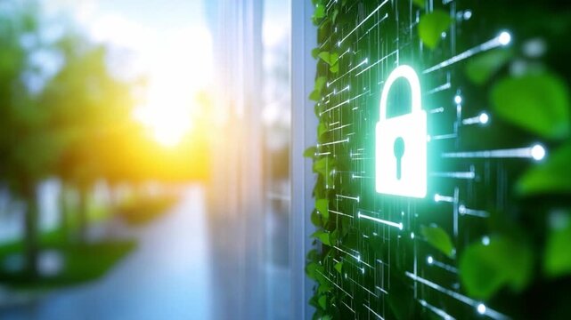 Eco-Security: A digital padlock, symbol of protection, embedded in a green wall of foliage, represents eco-friendly and safe technology, merging nature and innovation.