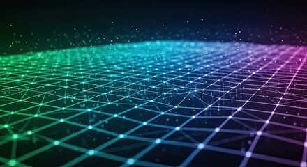 Dynamic 3D network visualization with vibrant glowing nodes connecting data points for tech innovations and modern communication concepts on dark background