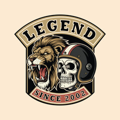 Roaring Lion and Skull Rider Emblem Design with Bold Legend Text and Vintage Feel, Perfect for Apparel or Brand Identity Projects, Bold and Edgy Style
