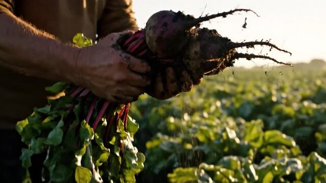 Farmer harvesting fresh beetroots from the soil in slow motion
