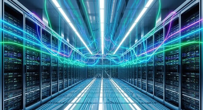 Step into a vibrant, high-tech server room, visualizing the power of data transfer and digital connectivity, showcasing modern technology infrastructure - Powered by Adobe