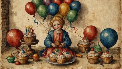 Child with balloons and cupcakes at vintage birthday party