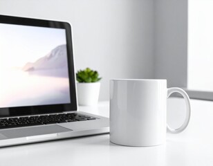 Fototapeta premium Workspace with a laptop and a mug, featuring a small potted plant on a desk