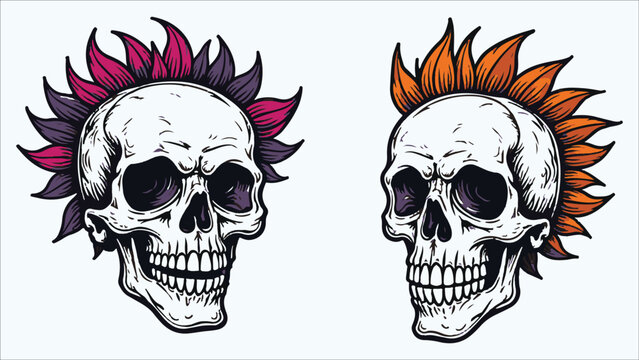 Two stylized punk rock mohawk skulls with vibrant colorful hair isolated on white background