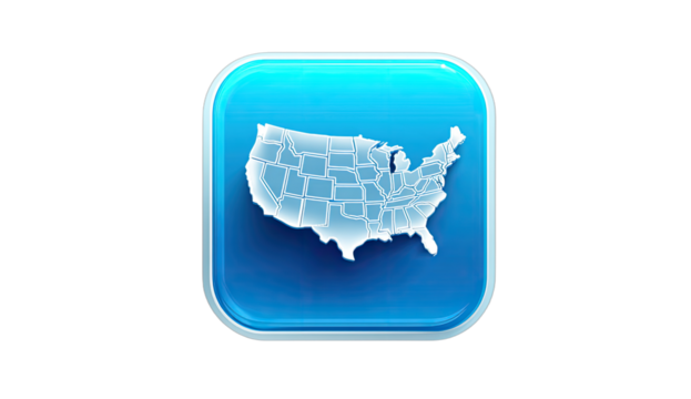 Glossy blue square icon featuring a white outline map of the contiguous USA