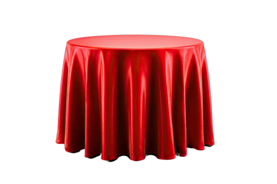 A round table draped in luxurious, flowing red fabric against a black background