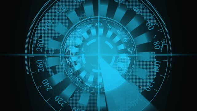 Blue Digital Radar Screen with Earth Globe and Degree Markings display technology animation.Animated blue radar interface with earth globe and degree markings, sleek digital technology symbol.