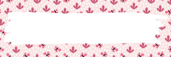 Holiday frame with pink butterflies and plants. Valentine's Day card. Romance. Flat vector design.