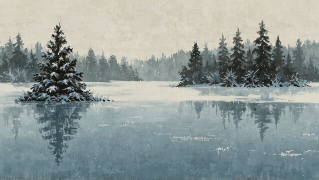 Snowy pine trees reflected on frozen lake in watercolor style