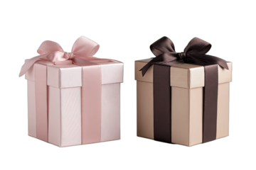 Two elegant gift boxes with satin ribbons, one light pink, one beige