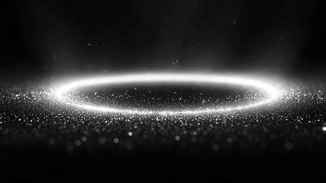 Abstract glowing white circle on glittering surface, stage pedestal effect, cosmic particles