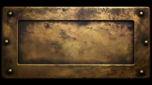 Aged bronze metal frame with rivets, showcasing a weathered texture and vintage aesthetic, ideal for adding character to designs