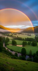 Obraz premium A stunning double rainbow arches over a misty green valley at sunrise.