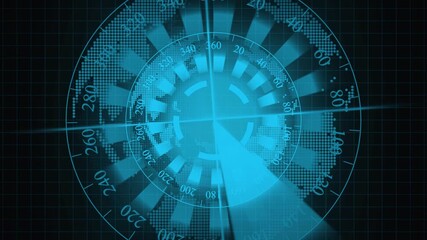 Glowing Blue Radar Interface with Earth Globe and Degree Indicators screen display animation. Animated blue radar interface with glowing elements, earth globe, and degree indicators for tech visuals. - Powered by Adobe