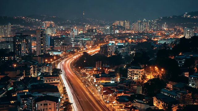 City Lights: Nighttime View of Roads and Buildings