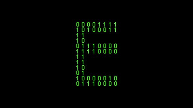 Single E alphabet letter on binary code background with matrix effect